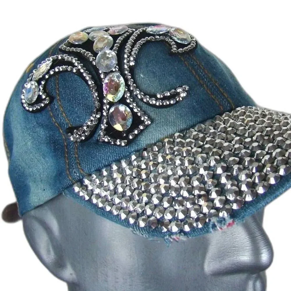 Womens One Size Blue Denim Bling Rhinestone Studded Distressed Adjustable Hat